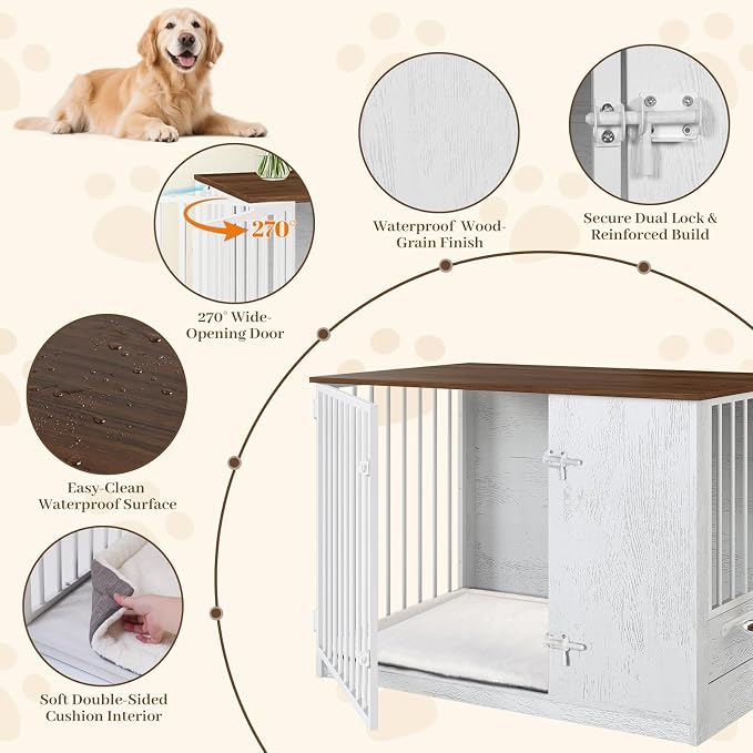 TBWIND 36" Dog Crate Furniture End Table for Medium Dogs, White | Furniture-Style Dog Crate with 270° Rotating Door, 360° Feeding Station, Dual Latch Locks & Soft Cushion
