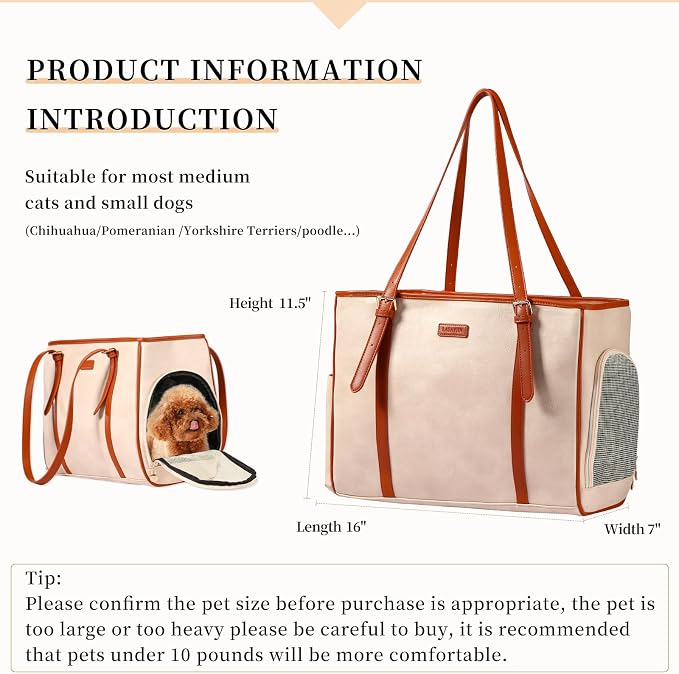 Lasaviin Fashion Dog Purse Pet Carrier Leather Bag for Small Dogs Cats Puppy, Portable Tote Bag Airline Approved Soft-Sided Carriers (Beign)