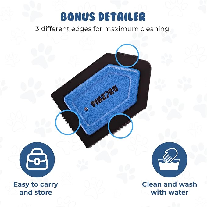 Pet Hair Remover + Bonus Mini Pet Detailing Brush - Reusable Lint Roller - Cat Hair Remover Roller - PinzPro Dog Hair Remover Set for Carpet, Couch, Bed, Car Seat.