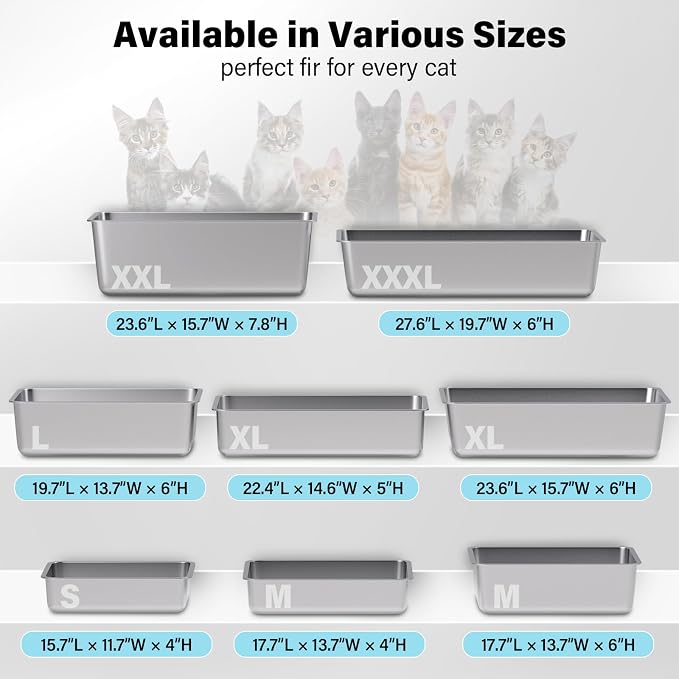 Stainless Steel Litter Box XL,Large Metal Litterbox for Big Cat | 23.6“x15.7"x6" Deep, Cat Litter Box for Big Cats with High Sides, Non Stick Surface, Easy to Clean