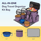 Modoker Dog Travel Organizer Carriers for Supplies & Accessories, Airline Approved Cat Pet Travel Bag, 2 Collapsible Bowls, 2 Travel Dog Food Container, Purple | Dog travel accessories set with feeding supplies, bowls, mat, and strap. Ideal for weekend...