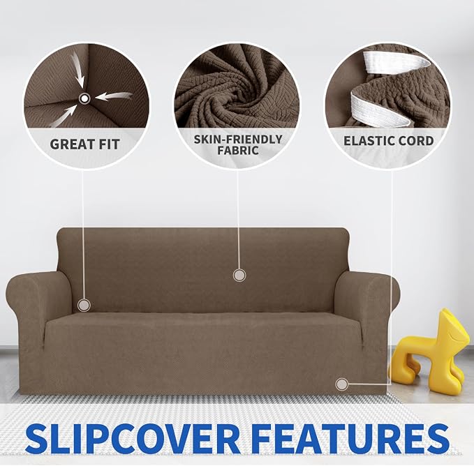 MAXIJIN Couch Covers for 3 Cushion Couch Sofa 1-Piece Stretch Sofa Cover Slipcover Furniture Protector with Elastic Bottom for Kids,Dogs (Large, Diamond Pattern Brown)