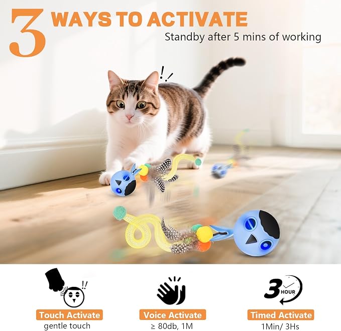 Cat Toys, Interactive Cat Toys for Indoor Cats, USB Rechargeable Electronic Smart Exercise Kitten Toy, Motion Chirping Activated Moving Ball (Blue)