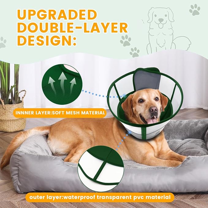 WinWeal Upgraded Soft Dog Cone Collar for Large Medium Dogs After Surgery – Adjustable Transparent Recovery Collar, Breathable Elizabethan E-Collar for Wound Healing & Anti-Licking (XXL, Dark Green)