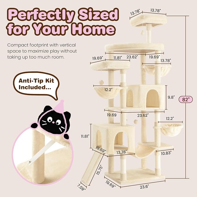 SHA CERLIN 82 inch Cat Tree Tower, Multi-Level Cat Condo with Plush Perches, Sisal Scratching Posts, Hammock and Toys, Stable Cat Tower for Kittens and Adult Cats, Beige