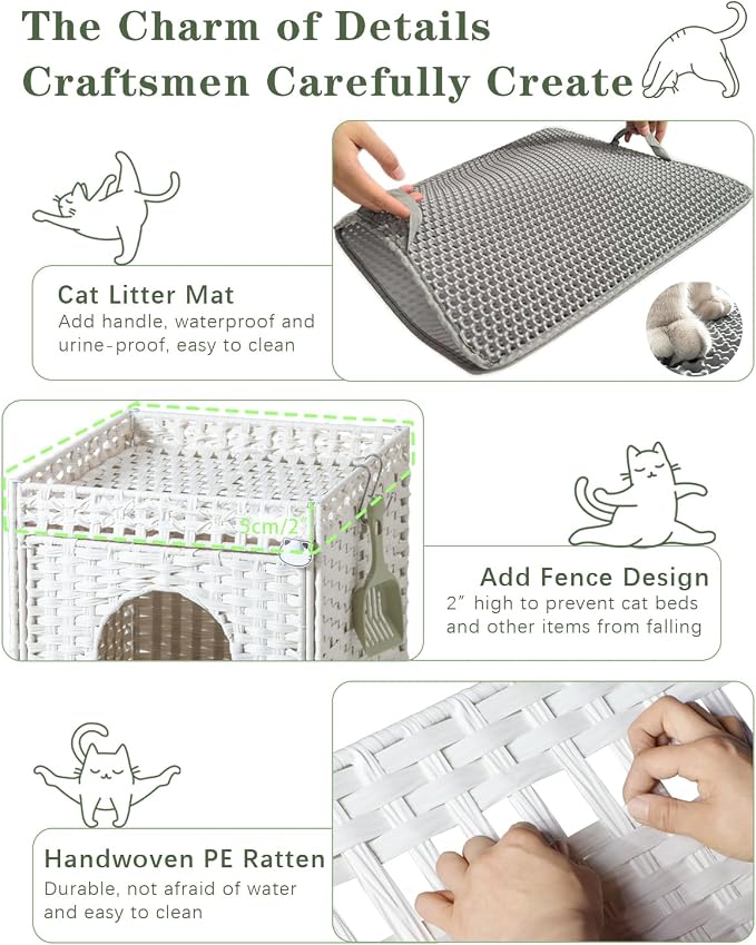 SETVSON Cat Litter Box Enclosure Furniture, Hidden PE Rattan, White | PE Rattan Kitty House with Top Fence, Fits Standard Litter Box, Included Litter Mat, 2 S-Hooks, Sturdy Metal Frame