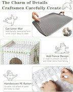 SETVSON Cat Litter Box Enclosure Furniture, Hidden PE Rattan, White | PE Rattan Kitty House with Top Fence, Fits Standard Litter Box, Included Litter Mat, 2 S-Hooks, Sturdy Metal Frame