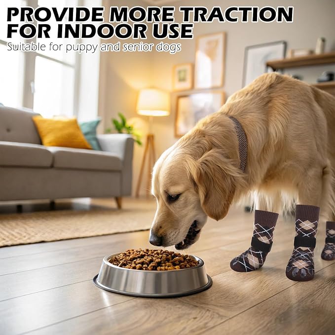 EXPAWLORER Dog Socks to Prevent Licking Paws,Anti Slip Dog Shoes for Hot Pavement,Dog Booties for Hardwood Floors,Dogs Boots & Paw Protectors for Small Medium Large Senior Dogs,British Style,Brown XS