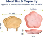 Flower Ceramic Feeding Cat Plate with Raised Bamboo Stand, Pink | Elevated Whisker-Friendly Pet Bowl, Anti-Slip Stable Design, Dishwasher Safe