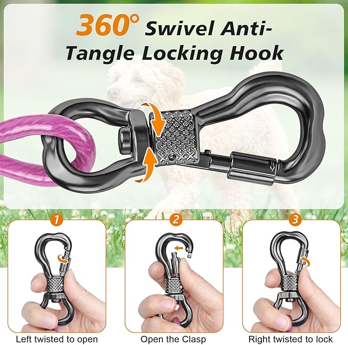 100FT Dog Tie Out Cable Lead with Shock Spring for Medium Large Dogs | Shock-Absorbing; 500LBS Tensile Strength; Strong Stainless Steel Core; 360° Swivel Locking Hook; Anti-Rust Vinyl Coating