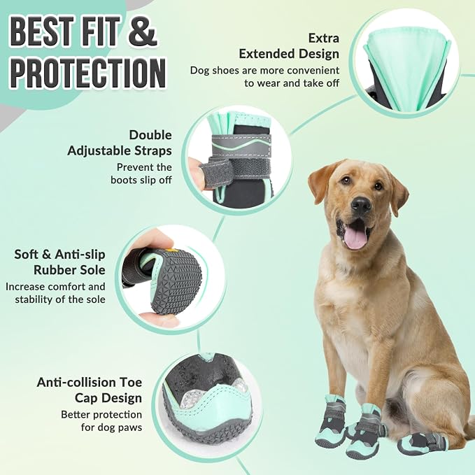 SlowTon Dog Shoes for Large Small Medium Dogs - Waterproof Dog Boots for Summer Hot Pavement, Paw Protector for Outdoor Walking Winter Snow, Anti-Slip Rubber Dog Booties for Hardwood Floor (GR, 4)