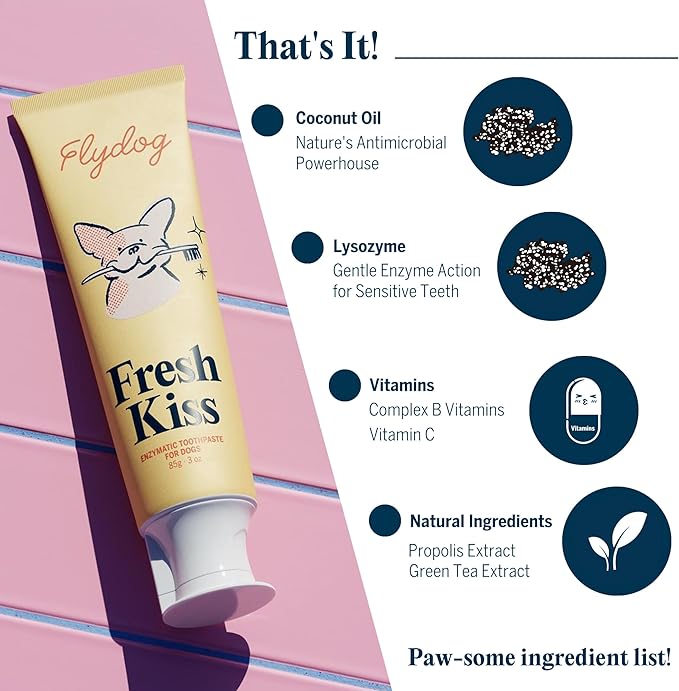 Flydog Fresh Kiss Dog Tooth Brushing Kit, Enzymatic Dog Toothbrush and Toothpaste- Vet Approved Formula, Breath Freshener & Tartar Remover, 360° Toothbrush for All Round Cleaning (Mild Mint)