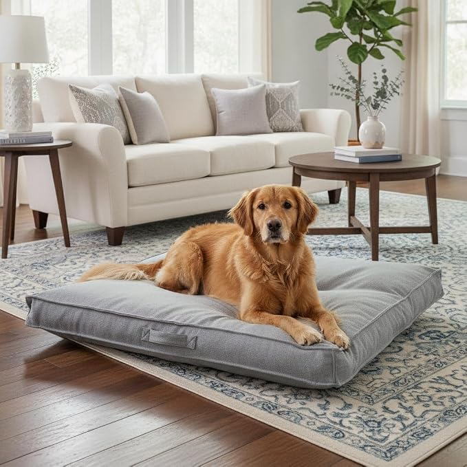 Indoor Dog Bed with Removable Washable Cover, Soft Basketweave Fabric, Reversible Cushion, Carry Handle, Baffle Construction to Help Prevent Fill Shifting, Cement - Large (40"x40")