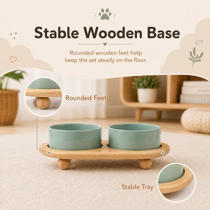 Havniva Raised Cat Bowl 5.1” Elevated Ceramic Cat Food and Water Bowl Set | Cat Bowls Elevated, Whisker Friendly Cat Bowl, Non-Slip Wood Stand, Food-Grade Ceramic, Wide Opening, Dishwasher Safe