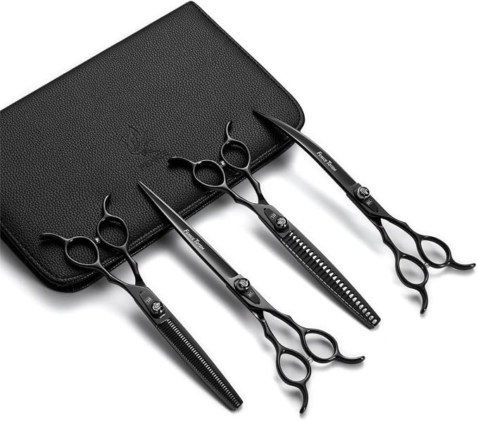 Dog Grooming Scissors: 7.5 inch Bright Black Pet Shears Set Made Of Japanese 440C Advanced Stainless Steel Professional Grooming Scissors for Dogs Cats and Other Pets