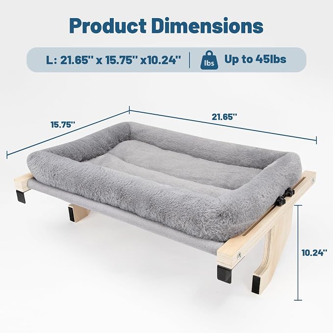 Cat Sill Window Perch - 100% Natural Pine Frame, Soft Plush Fleece, Tool-Free Adjustment, Supports 50 lbs (Large-Grey)