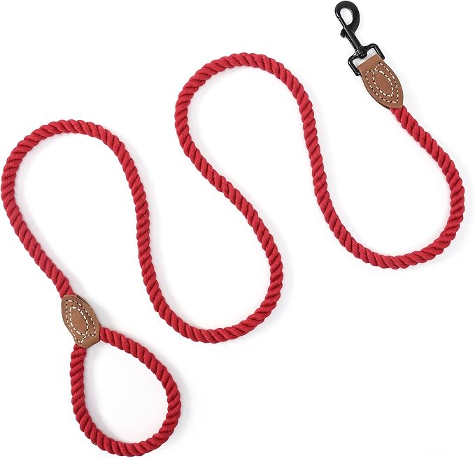 Mile High Life Dog Leash Braided Cotton Rope with Leather-Reinforced Ends | Rust-proof 360° swivel clasp, Heavy-duty for medium/large breeds. Great for weddings, daily walks (5 FT, 1/2", Red)