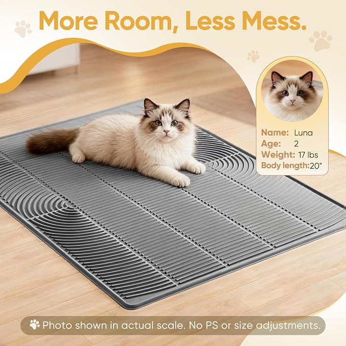 TRZZ XXL Cat Litter Mat, Large Silicone Waterproof Mat, Gray | Non-Slip, Easy to Clean, Cat Litter Trapping Mat, Kitty Litter Catcher, Scatter Control, for Floor
