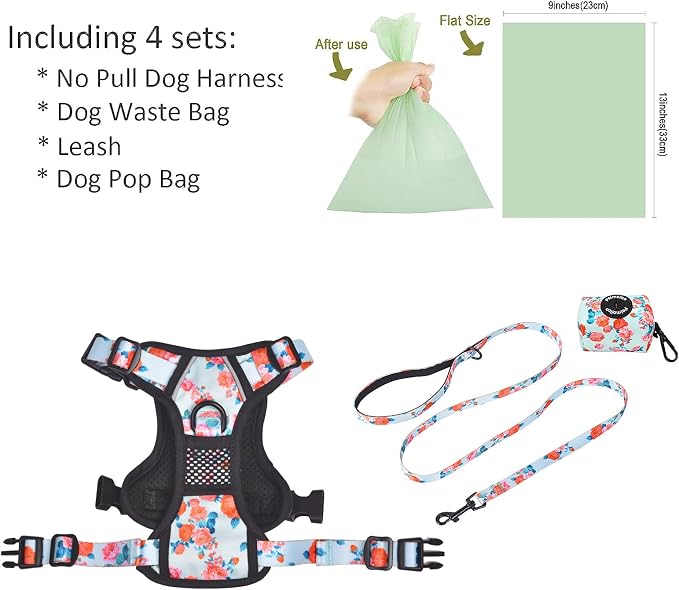 Petmolico No Pull Dog Harness Set with Leash Attachment Easy Control Handle Reflective Harness Vest Small Breed, Puppy Vest and Leash Set with Poop Bag Holder, Small - Green Flowers