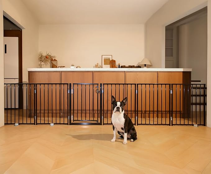 BFNN Chewproof Steel Dog Gate Indoor, 120" Extra Wide Freestanding Fence | Flexible Space Control | With Walk-Thru Door | 24" Tall Heavy Duty Barrier | Foldable | No Drill | For Small & Medium Puppy
