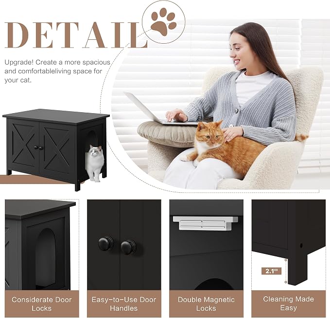 JY QAQA Cat Litter Box Enclosure,Litter Box Furniture Hidden with Barn Door,Wooden Washroom Furniture,Cat House,Fit Most of Litter Box,Black
