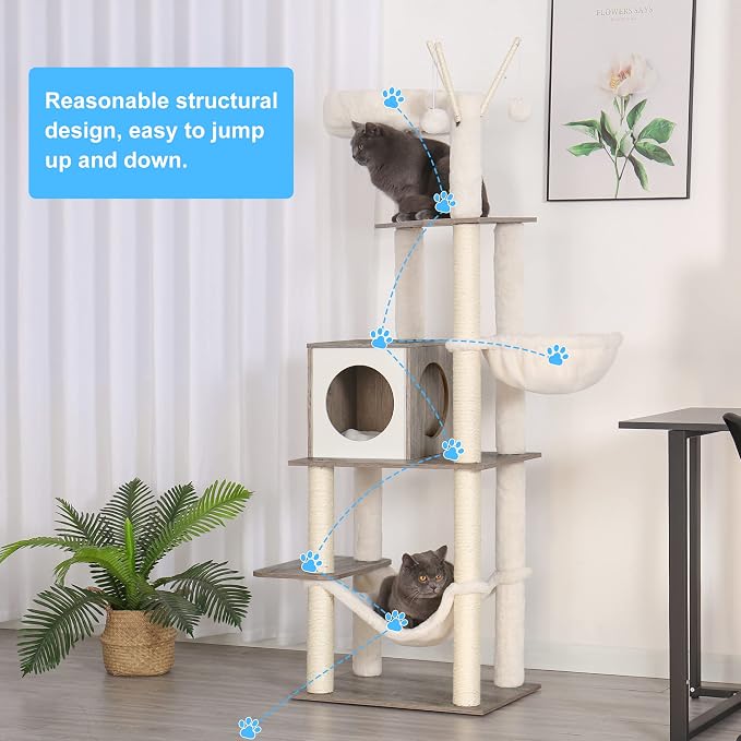 Hey-brother Wooden Cat Tree Tower with Hammock for Indoor Cats, MPJ120SG | 66.14 Inches Modern Scratching Post with Large Condo, Plush Top Platform, Cozy Basket, Bed, Hanging Toys, Rustic Gray