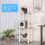 Hey-brother Wooden Cat Tree Tower with Hammock for Indoor Cats, MPJ120SG | 66.14 Inches Modern Scratching Post with Large Condo, Plush Top Platform, Cozy Basket, Bed, Hanging Toys, Rustic Gray