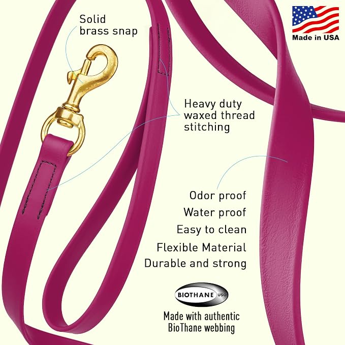 Viper Biothane K9 Working Dog Leash Waterproof Lead for Tracking Training Schutzhund Odor-Proof Long Line with Solid Brass Snap for Puppy Medium and Large Dogs, 10ft Magenta Pink