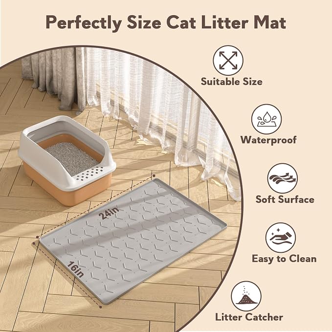 Garoopion Silicone Cat Litter Mat 24×16 inch, Easy to Clean, Gray | Waterproof Silicone Mat with Raised Edges, Catch Litter, Protect Floor from Urine, Multi-Use for Dog/Sink/Kitchen/Boots