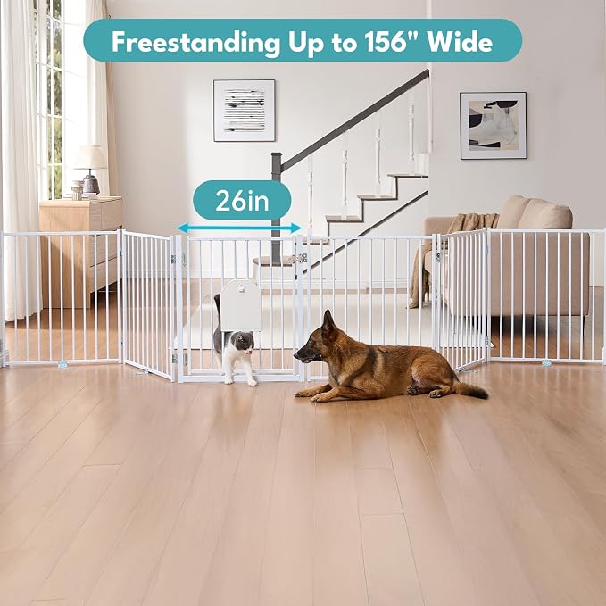 No Pawblems Full Metal Freestanding Dog Gate with Cat Door, 30" Tall | Foldable Pet Gate for Indoor/Outdoor, Zoned management, Dog Fence for Families with Multiple Pets, 156" Wide, 6 Panels, White