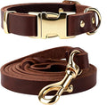 Leather Dog Collar and Leash Set, 5FT Heavy Duty Leather Training Leash with Adjustable Dog Collar, Soft and Durable Dogs Leashes and Collars Set for Small Medium Large Dogs (Brown, S)