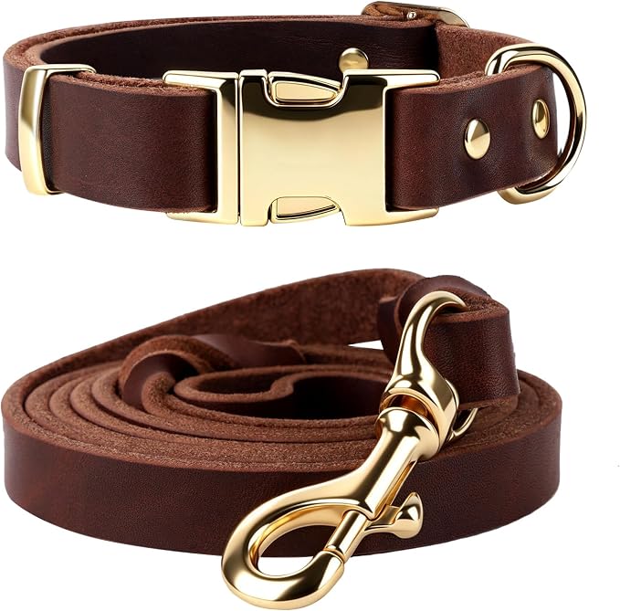 Leather Dog Collar and Leash Set, 6FT Heavy Duty Leather Training Leash with Adjustable Dog Collar, Soft and Durable Dogs Leashes and Collars Set for Small Medium Large Dogs (Brown, M)