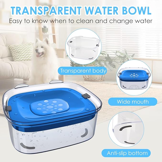 3L No Spill Dog Water Bowl with Slow Drinking Disk(Navy Blue) | Clear Acrylic, Easy Water Check, Non-slip Pads, Slobber Stopper Splash Proof Water Bowl for Sloppy Messy Drinkers Reduce Mess