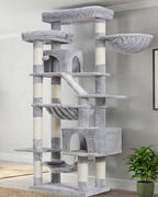 Heybly Cat Tree, 71-Inch-Tall Tower for Indoor Cats with 2 Perches HCT034W | Large Cat Furniture with 2 Big Condos, 2 Hammocks, Basket, Scratching Pad, Multi-Level Cat Condo, Light Gray