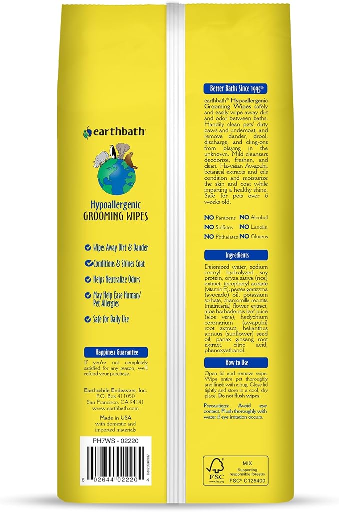 earthbath Hypo-Allergenic Grooming Wipes, Made in USA, 100 Count (2 Pack) | Fragrance Free Dog Wipes for Paws and Butt