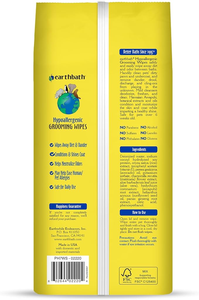 earthbath Dog Grooming Wipes - Dog Wipes for Paws and Butt, Pet Wipes for Dogs & Cats, Helps Itchy & Dry Skin -Fragrance Free, 100 Count (1 Pack) | Helps Itchy & Dry Skin, Fragrance Free