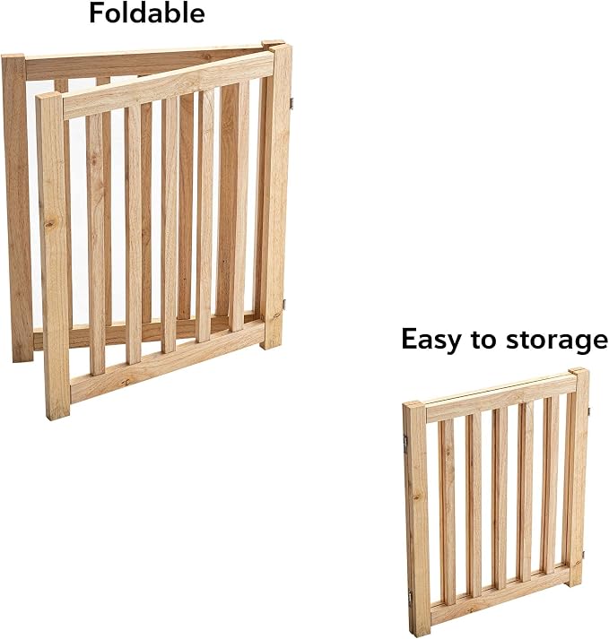 LZRS Wooden Free Standing Dog Gate 40" W x 24" H, Foldable Solid Hardwood Pet Safety Fence for House Doorways, Stairs, Hallways, Step-Over Pet Barrier, No Drill Easy Setup,Natural