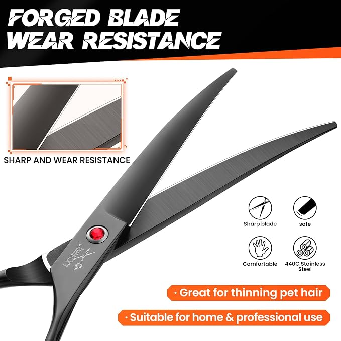 JASON Curved Dog Grooming Scissor - 7" Professional Down-curved Shears | Black, Ergonomic Handle, Japanese Stainless Steel, for Cats and Other Pets, Sharp, Gift