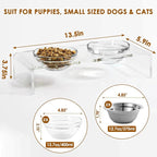Feoyoho Elevated Acrylic Pet Bowl Stand – Raised Cat & Dog Bowls with 2 Glass & 2 Stainless Steel Bowls, Modern Clear Design, Non-Slip, Easy to Clean, Perfect for Small Pets, 3.75" Tall