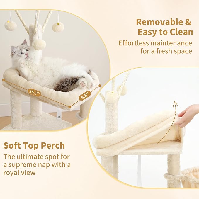Heybly Cat Tree, 45.3" Cat Tower for Indoor Cats with Large Perch HCT202SM | All-in-One Cat Furniture with Cozy Bed, Hidden Space Cat Condo, Comfy Hammock, Scratching Posts & 3 Pompoms, Beige