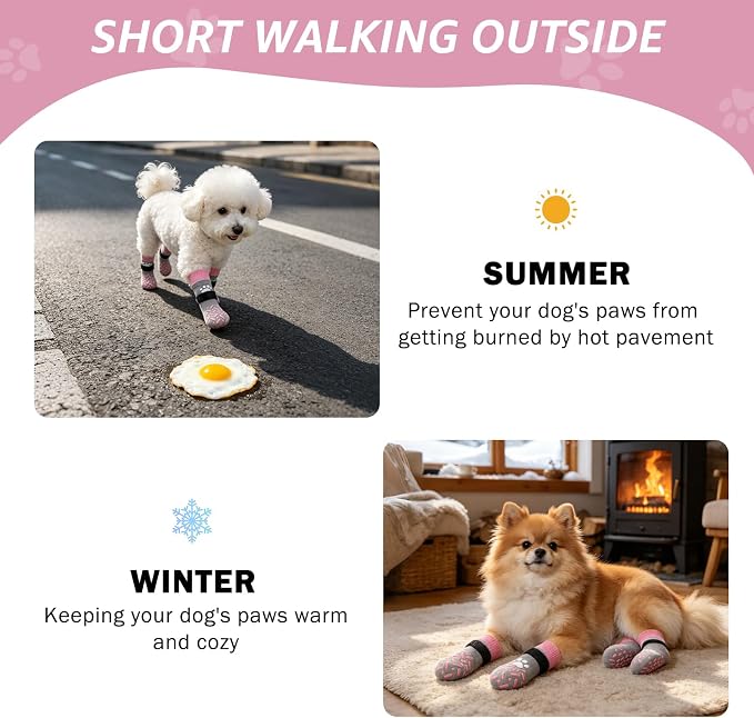 SCENEREAL Anti Slip Dog Socks to Prevent Licking Paws for Hot/Cold Pavement, Paw Protector Traction Control on Hardwood Floor, Dog Shoes Booties for Puppy Small Medium Large Senior Dogs, Pink XS