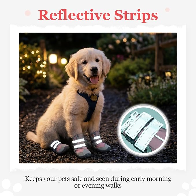 Allroaring 4PCS Dog Shoes for Hot Pavement, Anti-Slip Dog Boots Pink-1 | Non-Slip Rubber Sole, Durable Reflective Straps, Paw Protector for Snow & Hot Pavement, for Medium Large Dogs – Pink/Black