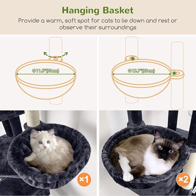 Globlazer Large Cat Tree, 80in Tall Climbing Tower, F80F, Dark Grey | Multi-Level Cat Scratching Tower for Indoor Multiple Large Adult Cats Kittens with 3 Cat Caves, 3 Hanging Baskets