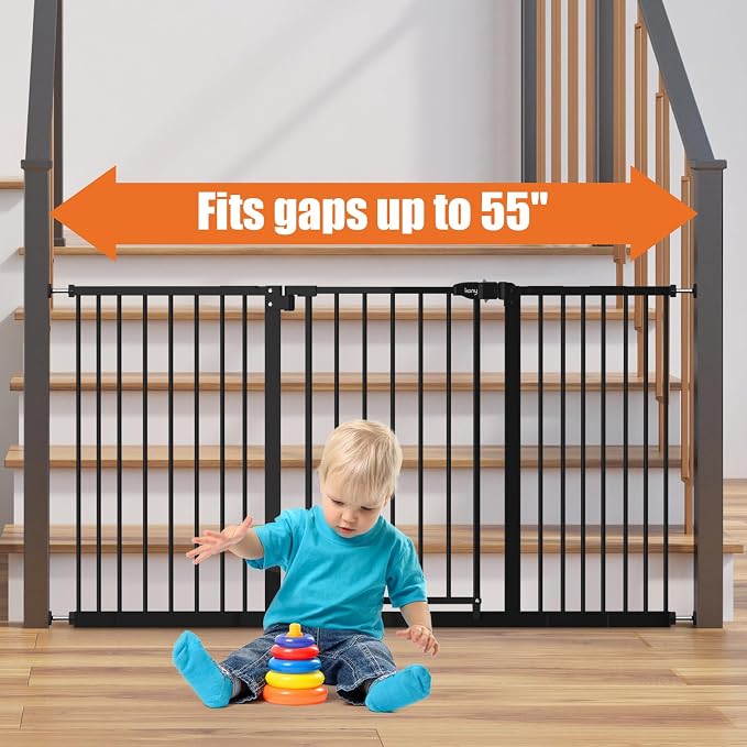 keny 29"-55" Extra Wide Baby Gate, Pressure Mounted No Drilling Dog Gate | for Stairs Doorways, Easy Walk Through Safety Gate for Babies or Pets, 30" Tall, Black