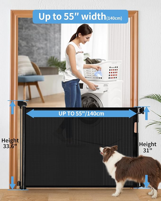 2-Pack Retractable Baby Gate for Stairs-33”Height, Expands up to 55”Width-Safety Gate for Infants, Toddlers, Dogs & Pets-Easy Install, Secure Closure, Black Mesh Design for Indoor & Outdoor Use
