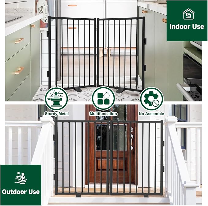 Snagle Paw Full Metal Freestanding Dog Gate,Indoor Dog Gate with Floor Protect Support Feet, 40x24Inches Foldable Dogs Barrier for Stairs, Hallways and Doorways (24'' H 2 Panel, Black)