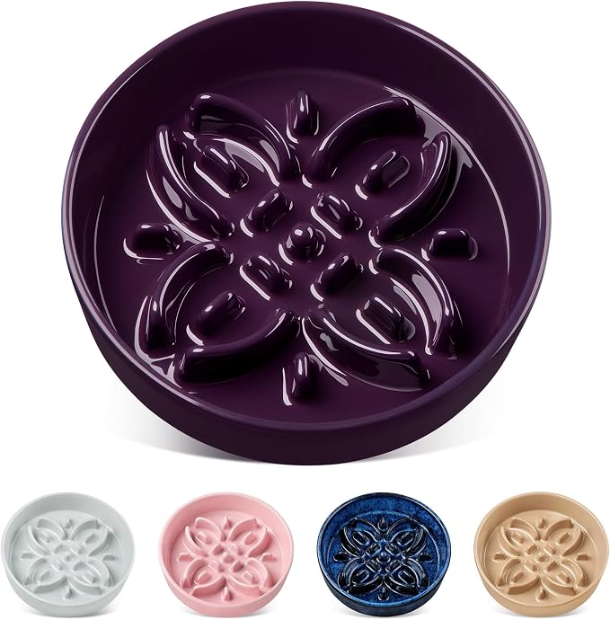 vancasso Ceramic Slow Feeder Dog Bowls, Puzzle Dog Food Bowls with Floral Maze, Anti -Slip Pet Food Dish for Small Breed, 0.6 Cups, Purple