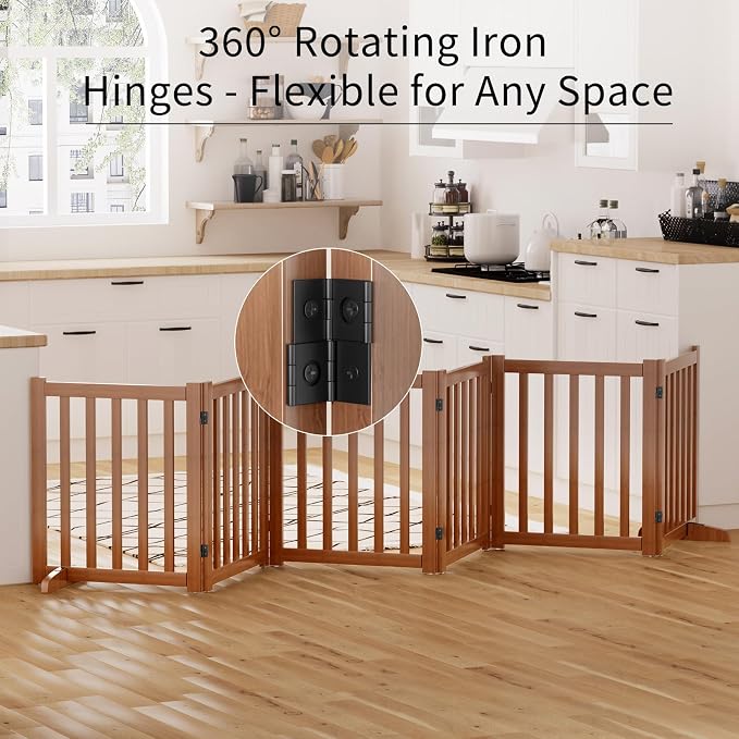 Wooden Freestanding Foldable Dog Gate, 24 Inch Height 6 Panel Pet Gate No Drill for Doorways Stairs, Fully Assembled Indoor Puppy Fence (Brown, 120" W x 24" H)