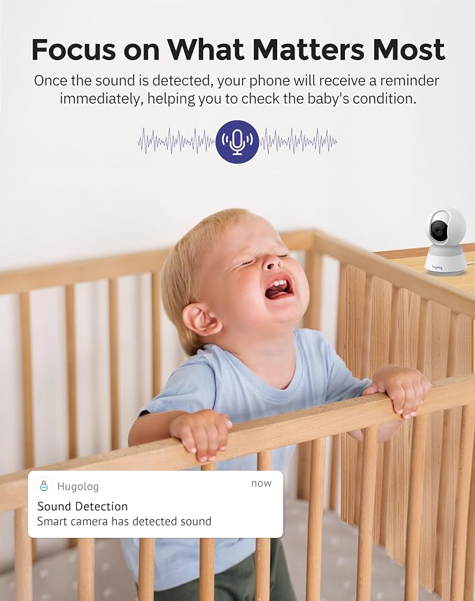 Hugolog 3K 5MP Indoor Pan/Tilt Security Camera with Auto-Focus,2.4 GHZ/5 GHZ,Ideal for Baby Monitor/Pet Camera,Starlight Color Night Vision,Human/Pet AI,Noise Reduction,US Cloud,Works with Alexa