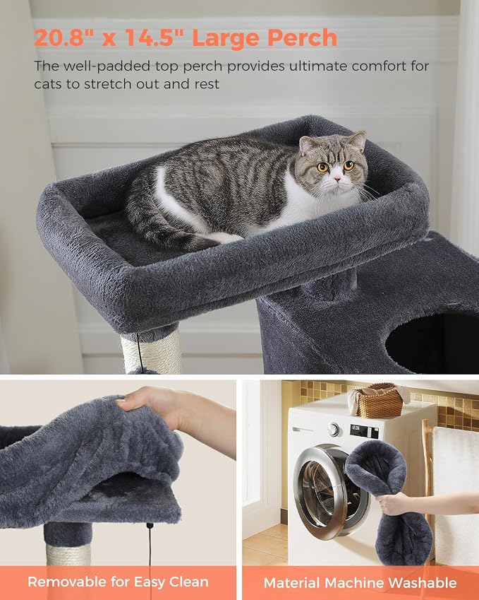 XL Cat Tree 44" Cat Tower for Large Cats 20 lbs, 2 Spacious Caves | Multi-Level Cat Tree with Scratching Posts, Soft Padded Perch, 2 Dangling Toys